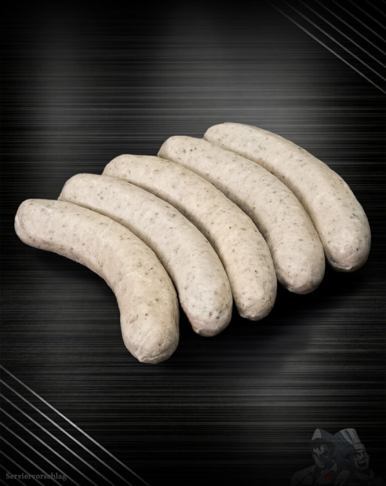 Fläming-Griller Bratwurst roh, grob und charakterstark – handwerklich inszeniert auf kühlem Metallhintergrund