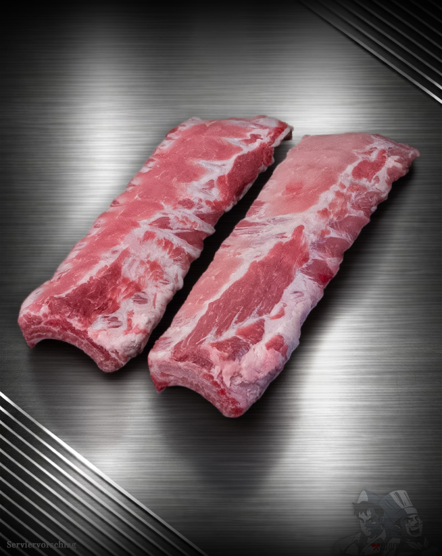 Baby Back Ribs vom regionalen Duroc-Schwein Baby Back Ribs vom regionalen Duroc-Schwein im Rohzustand mit feiner Marmorierung und gleichmäßigem Zuschnitt