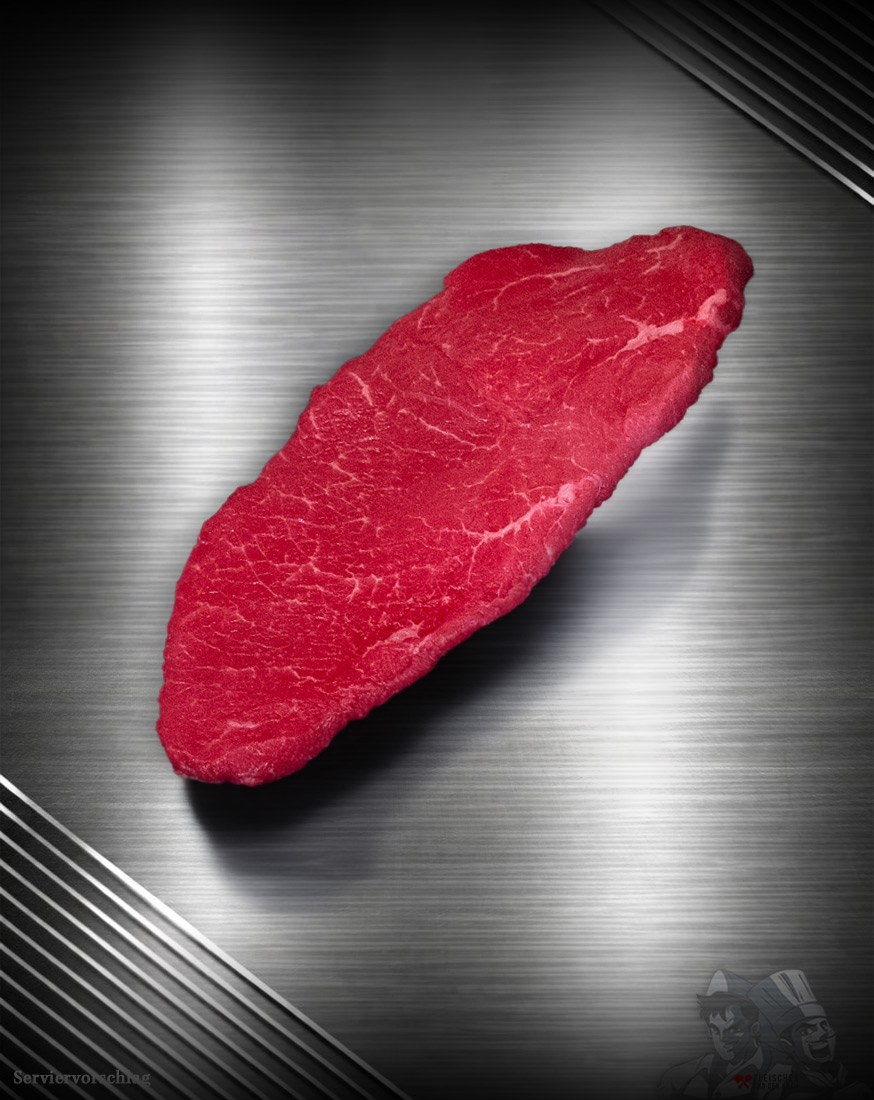 Rinderrouladen Färse Pommern Rinderrouladen Färse Pommern, roh geschnitten, fein marmoriert, auf kühlem Metallhintergrund präsentiert