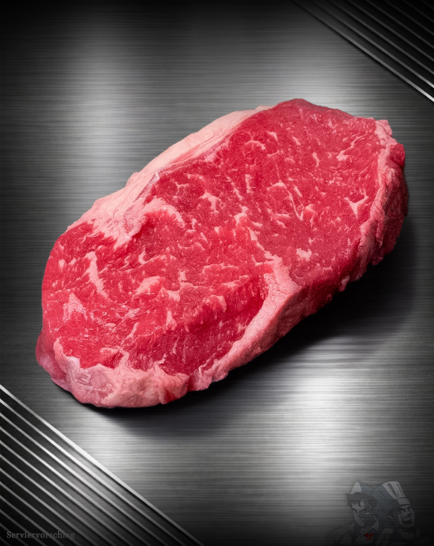 Rumpsteak-Argentinien-Black-Angus Rohes Rumpsteak Argentinien Black Angus mit natürlichem Fettrand auf dunklem Untergrund