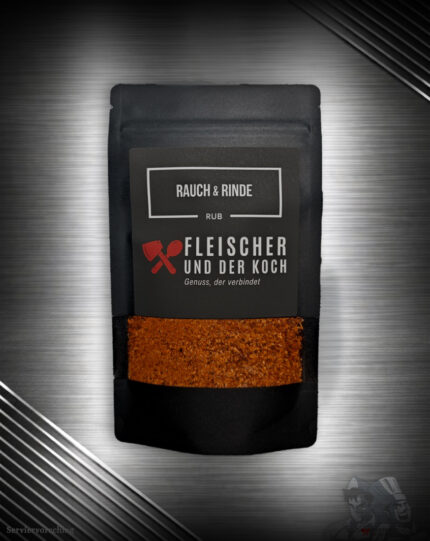 FuK Rauch & Rinde – Beef Brisket Rub in einer Schale, daneben ein saftiges Stück Rindfleisch
