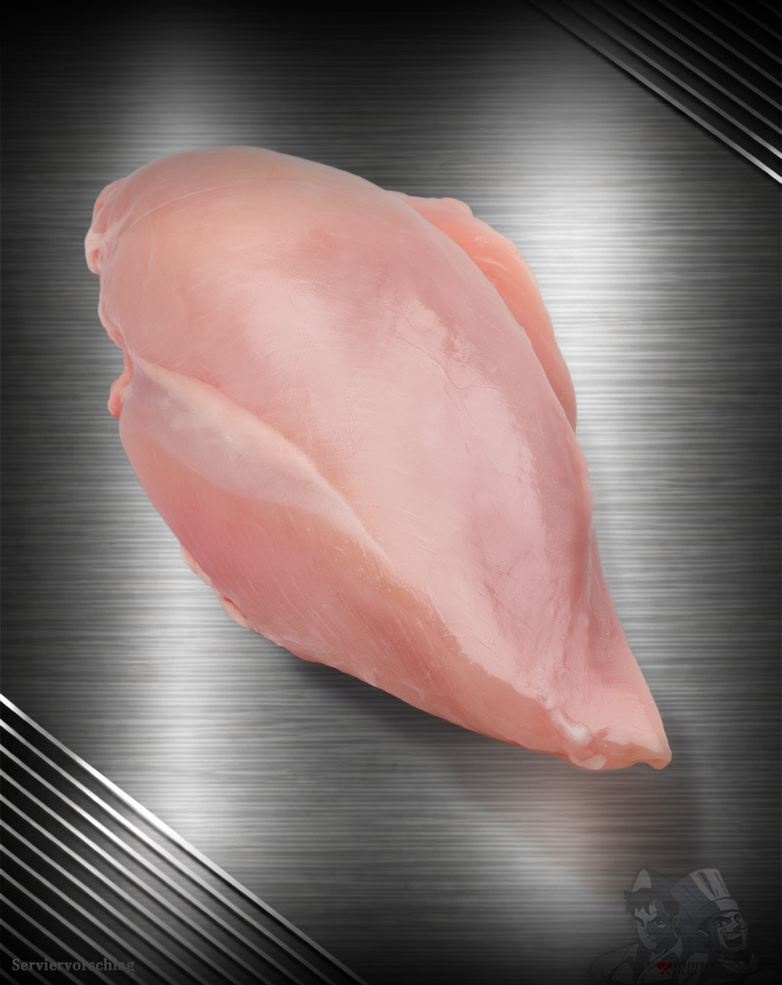 Prignitzer-Haehnchenbrust-aus-Deutschland Rohe Prignitzer Hähnchenbrust ohne Haut und Knochen, hellrosa, sauber pariert und naturbelassen.