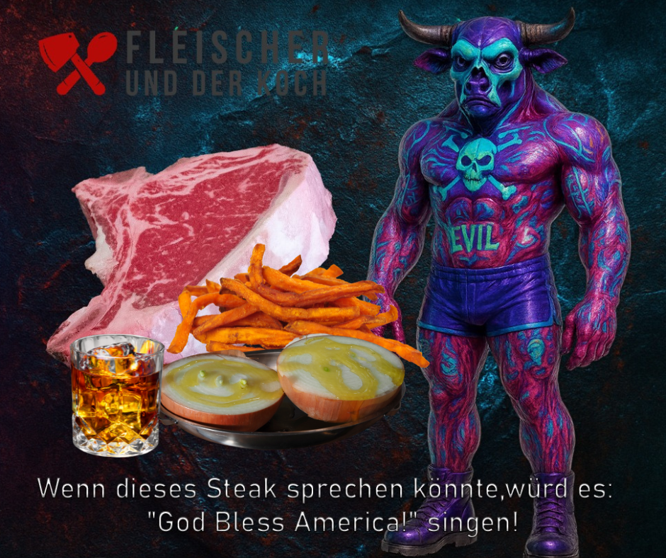 American T-Bone Steak Creekstone Farms mit Süßkartoffel-Fries und Bourbon-Zwiebeln