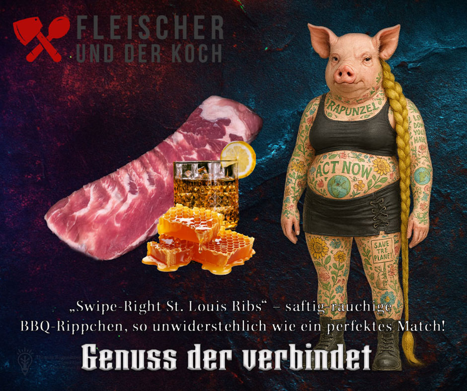 Fertige Honig Bourbon Ribs, glänzend und saftig, garniert auf rustikalem Holzbrett.