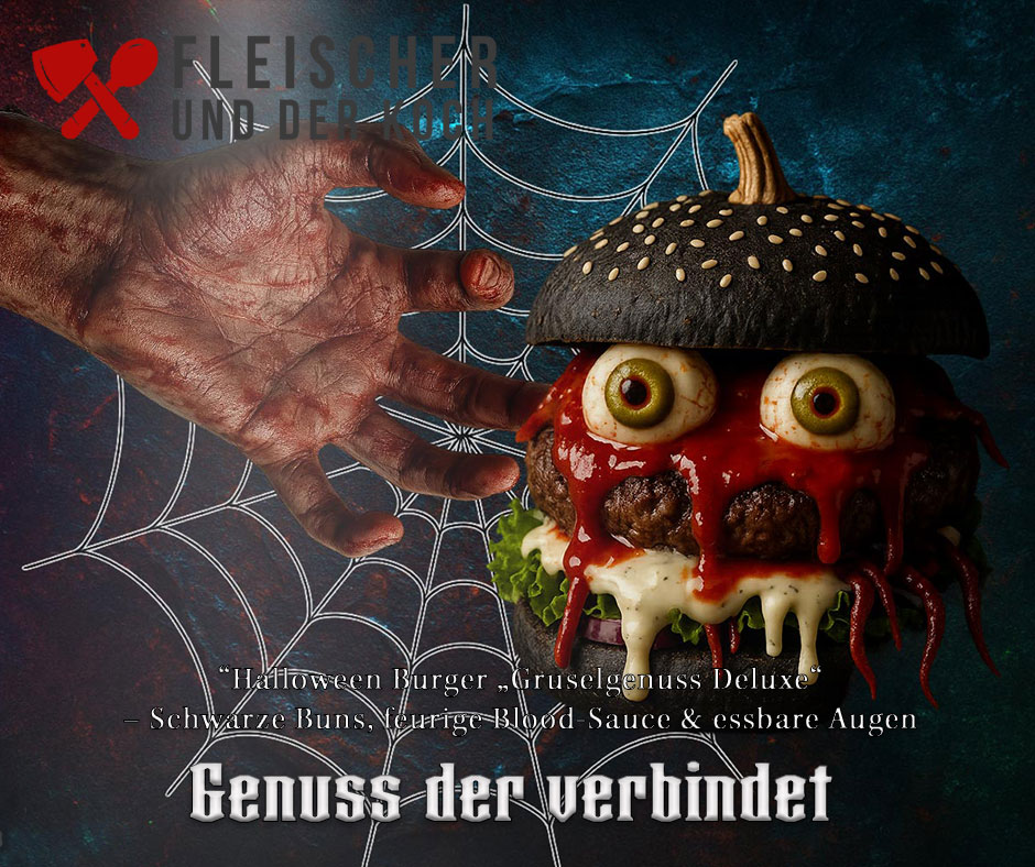 Halloween Burger Rezept mit schwarzen Buns und essbaren Augen - Rezeptidee von Fleischer und der Koch