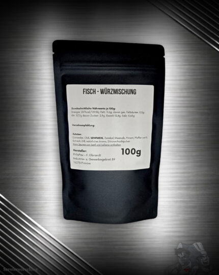 Auf einem edlen Untergrund liegt die Seefeuer Fisch Gewürzmischung von Fleischer und der Koch – ein aromatischer Blend aus Zitronenfrische, Sumach, Dill und warmen Gewürzen mit feiner Schärfe.