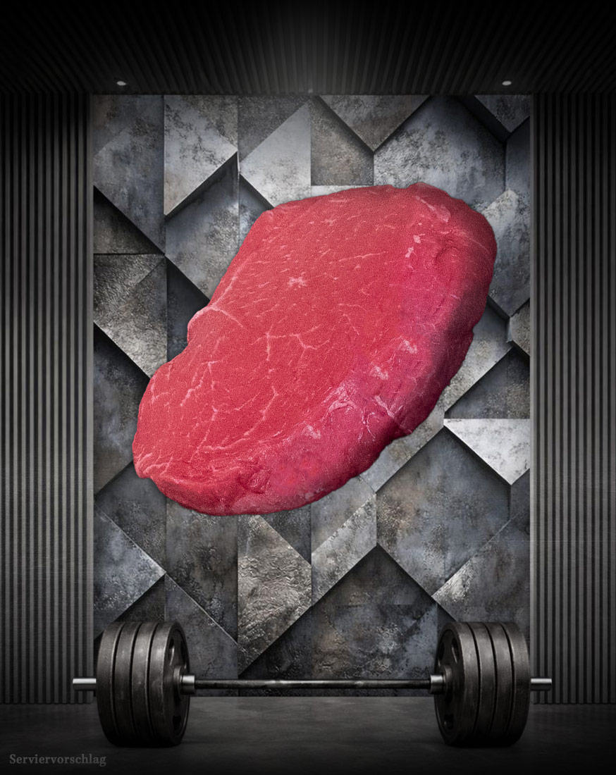 Athleten Rinderhüftsteak aus Pommern Athleten Rinderhüftsteak von der Färse aus Pommern, roh auf dunklem Untergrund