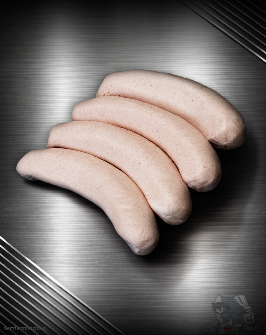 Berliner Currywurst mit Darm – regionale Brühwurst Saftige Berliner Currywurst mit Darm aus regionalem Schweinefleisch auf dunklem, edlem Untergrund