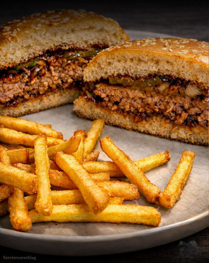 Haché Schweine-Burger Patty aus Deutschland als saftiger Burger, frisch gegrillt und serviert