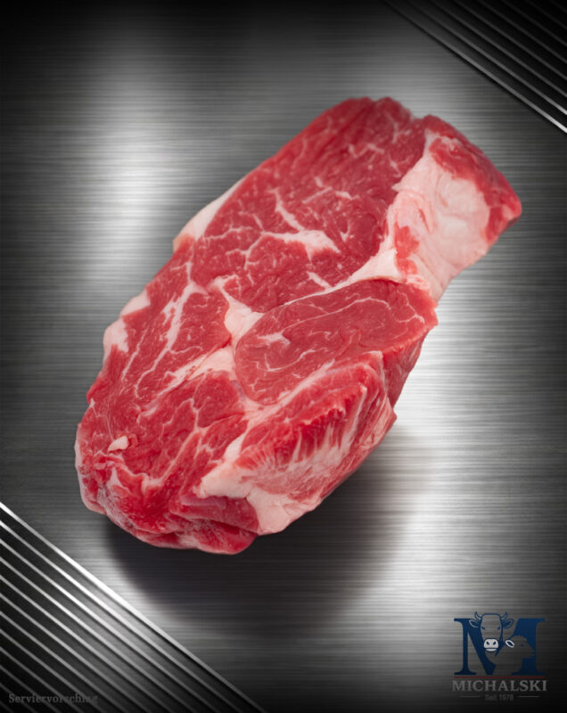 Michalski Ribeye Steak von der Weidefärse roh mit sichtbarem Fettauge und feiner Marmorierung