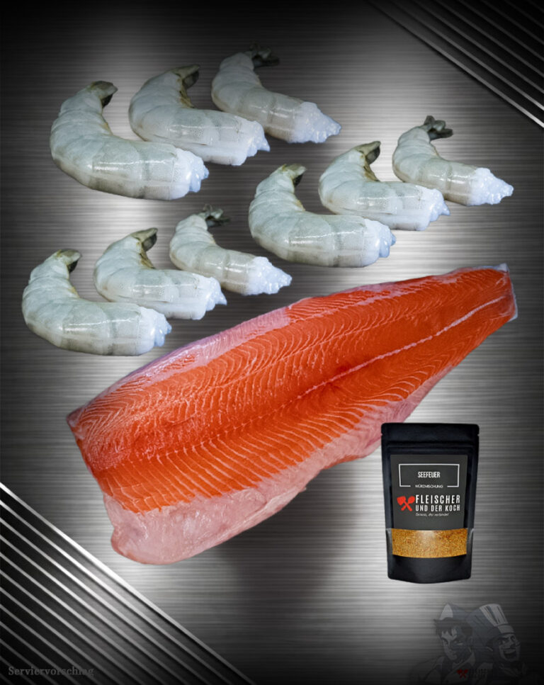 Seafood Grill Bundle mit Lachsseite und Black Tiger Garnelen roh auf hochwertigem dunklem Hintergrund